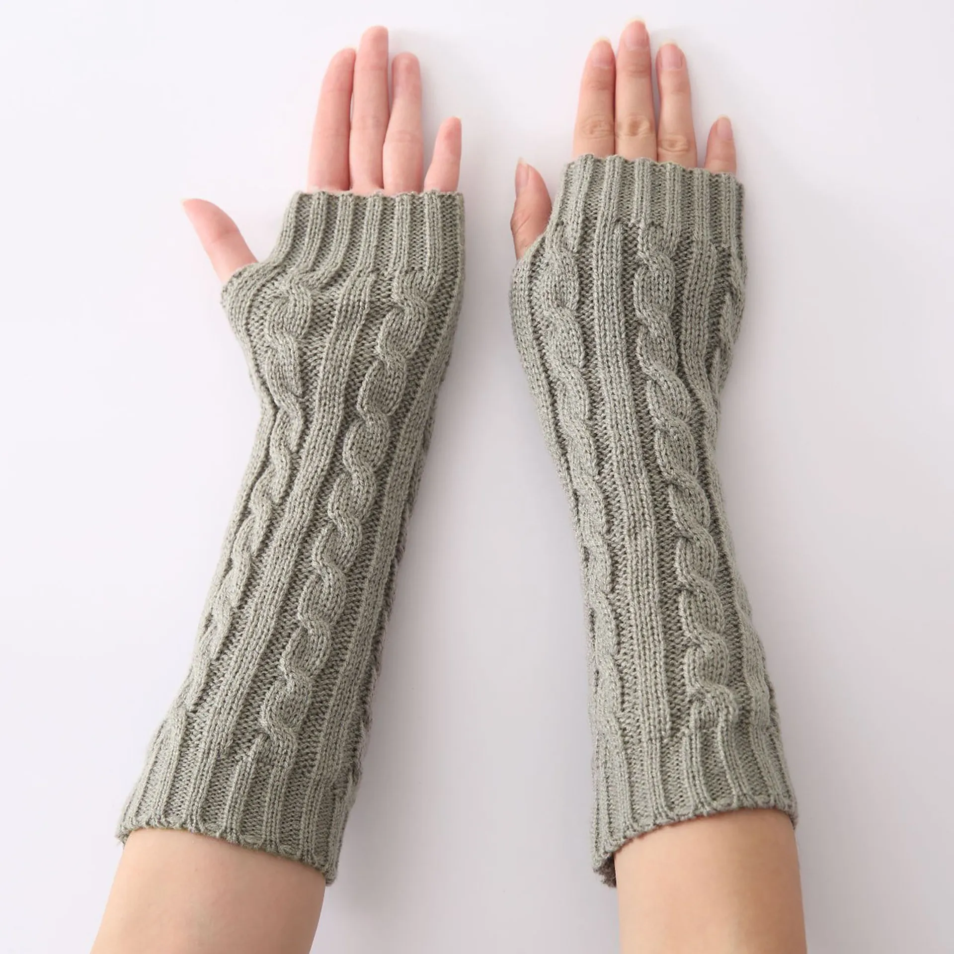 Cable Knit Fingerless Arm Sleeves Acrylic Winter Warm Long Slouchy Gloves For Men Women