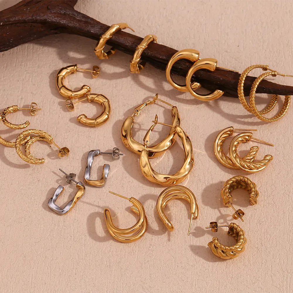 Boucles d'Oreilles Créoles en Forme de C en Acier Inoxydable pour Femmes Design Torsadé Géométrique Rétro Or Argent Plaqué Bijoux