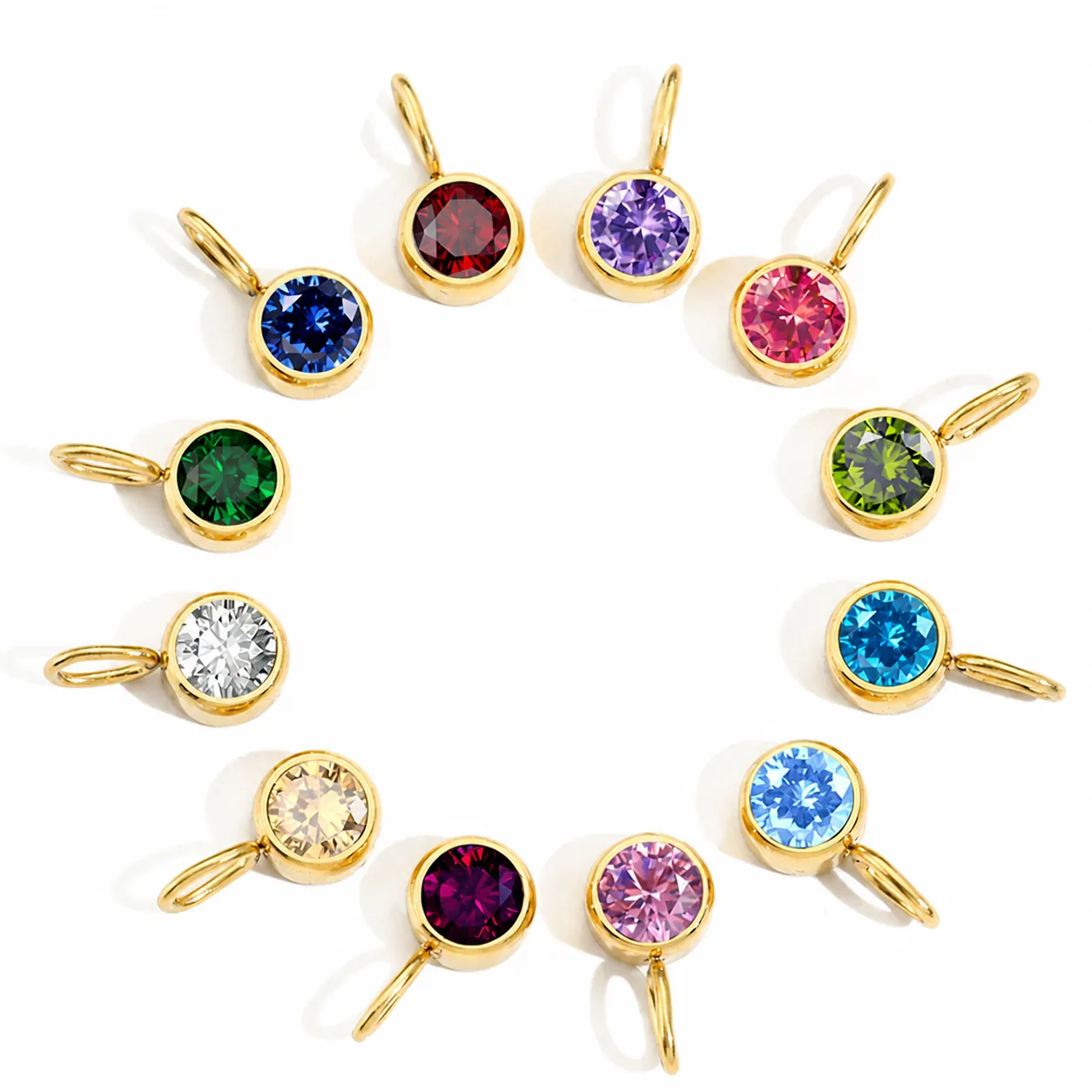 8mm Round Birthstone Pendant Stainless Steel Rhinestone Charm For DIY Jewelry Making Gold Silver Colors Birth Month Stone Pendant Only