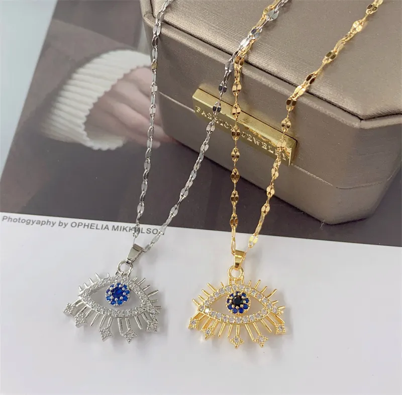 Evil Eye Pendant Necklace Titanium Steel Micro Inlaid Zircon Blue Stone Radiating Eyelashes Jewelry For Women