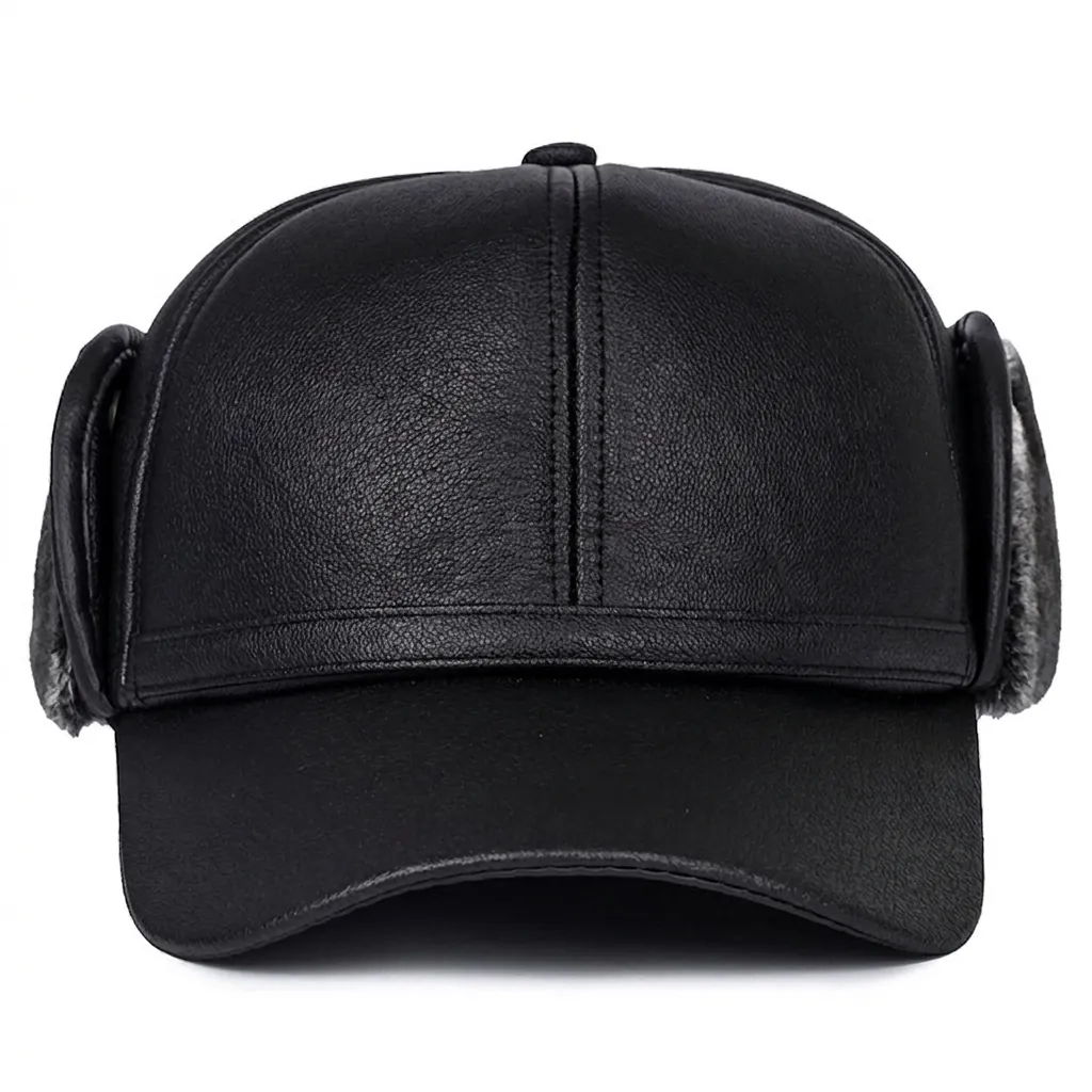 Herren Winter Ohrenschutz Baseballkappe Kunstleder Plüsch Gefüttert Warm Winddicht Schwarz Outdoor Sport Hut