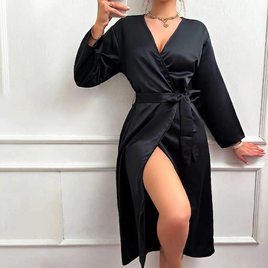 Women Satin Robe Long Sleeve V Neck Belted Side Slit Imitation Satin Sleepwear Elegant Sexy Bathrobe Nightgown