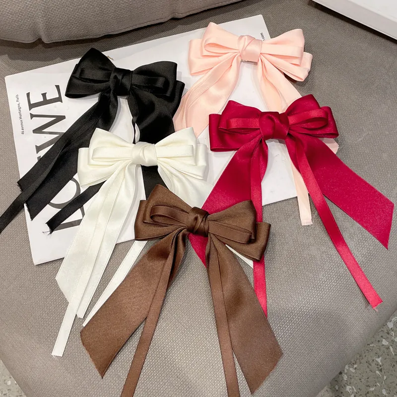 Elegant Satin Big Bow Hair Clip Long Ribbon Streamer Barrette For Women Girls Sweet French Style Hair Accessories Solid Color