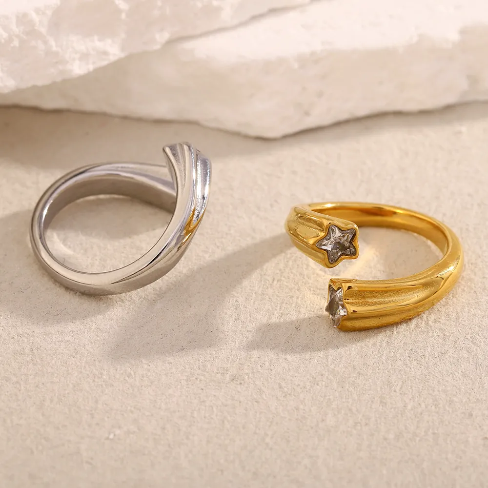 Star Open Adjustable Ring Stainless Steel 18K Gold Plated Zircon Pentagram Minimalist Fashion Jewelry For Women