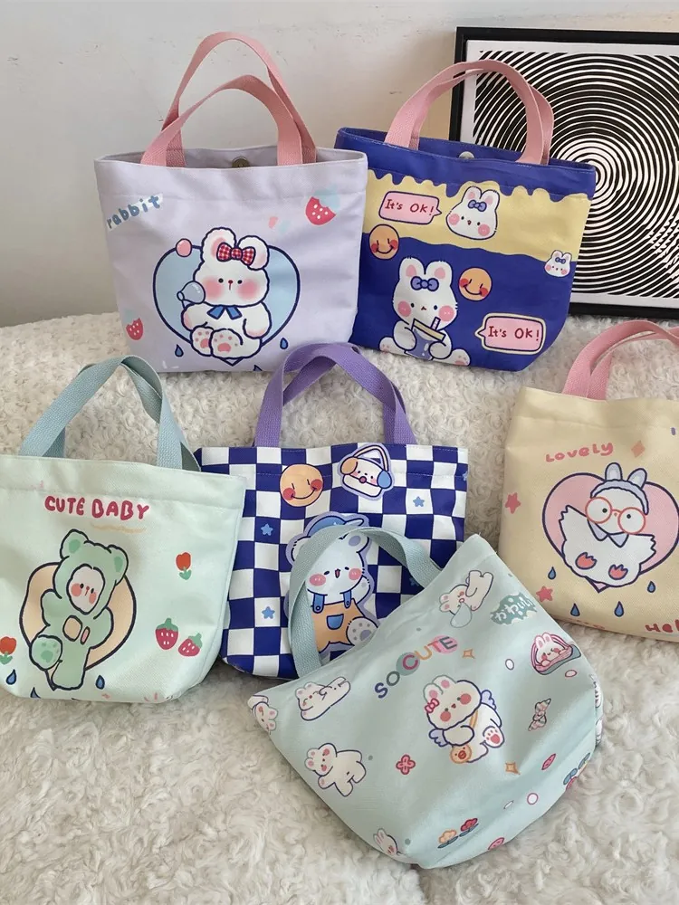 Cute Cartoon Animal Print Canvas Handbag Large Capacity Lunch Bag For Women Korean Style Students Shopping Tote