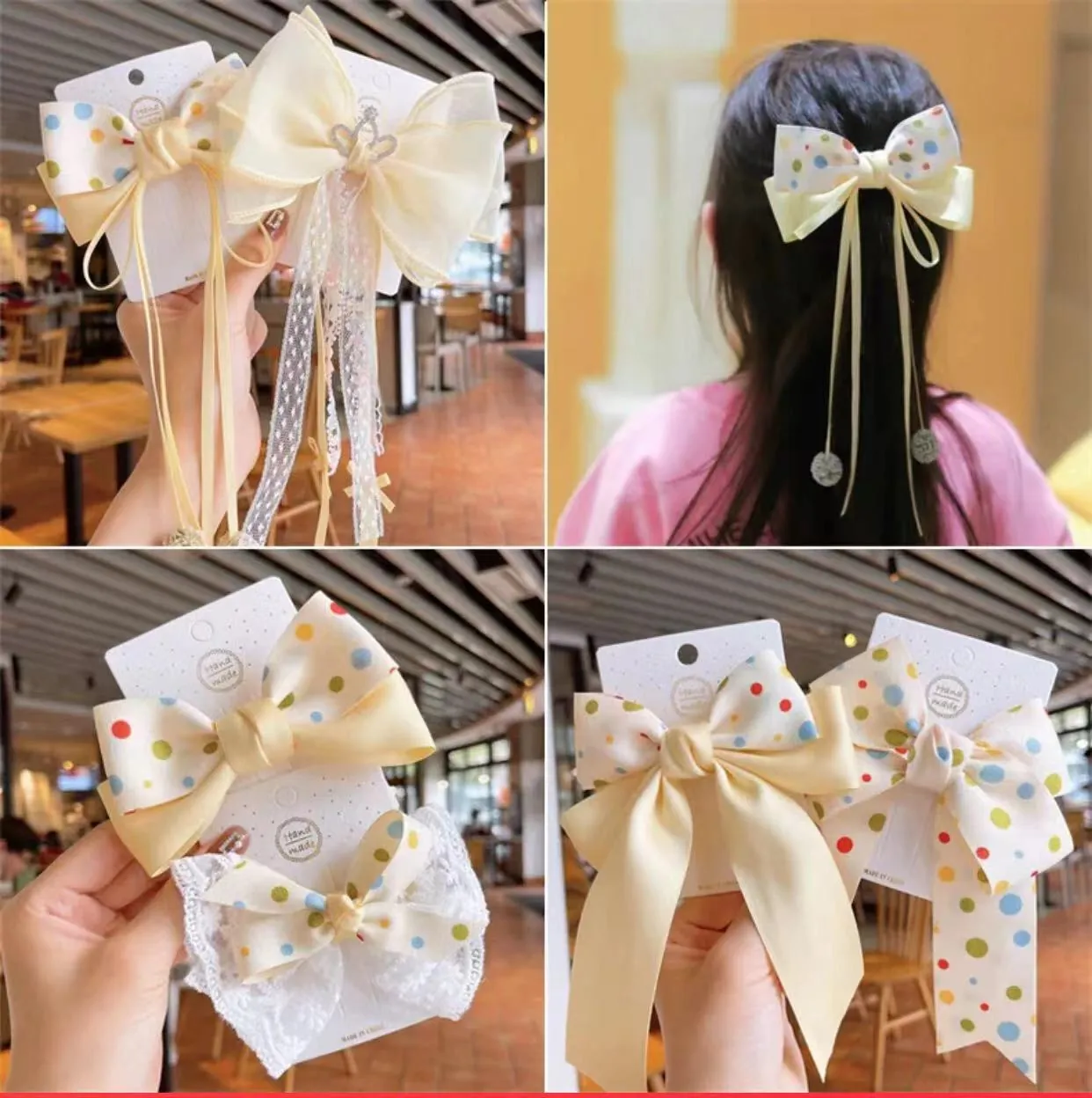 Polka Dot Bow Hair Clip Hair Tie Long Ribbon Streamers Handmade Satin Fabric Princess Hair Accessories For Girls