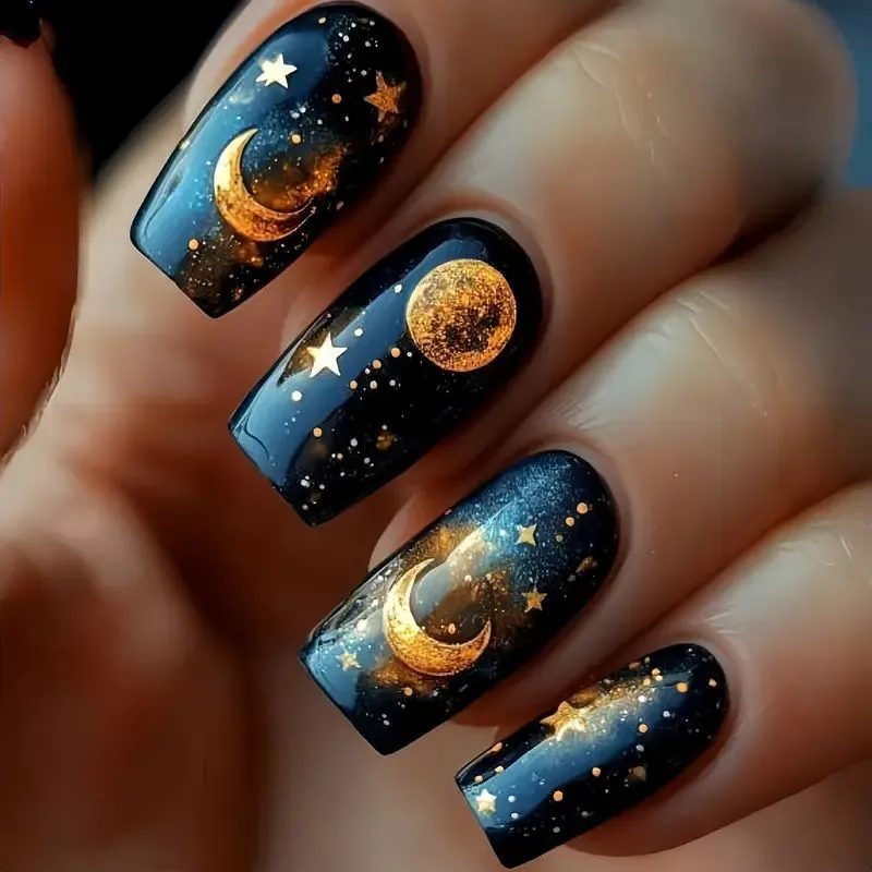 Starry Sky Press On Nails Moon Star Gradient Dark Blue Coffin Shape Artificial False Nails For Women Dreamy Galaxy Style