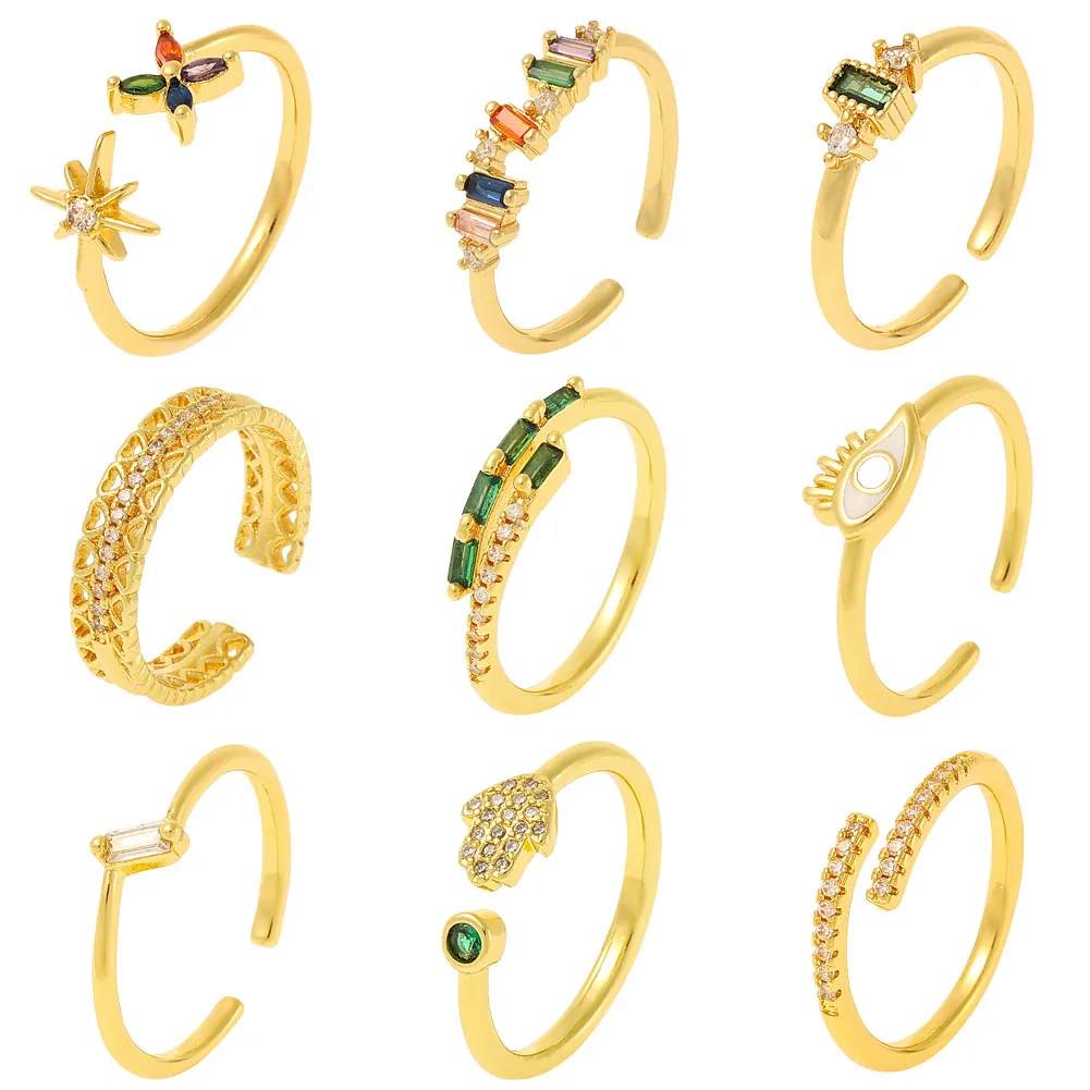 Western Style Copper Gold Plated Open Ring For Women Adjustable Zirconia Inlaid Evil Eye Heart Hamsa Hand Fashion Finger Jewelry