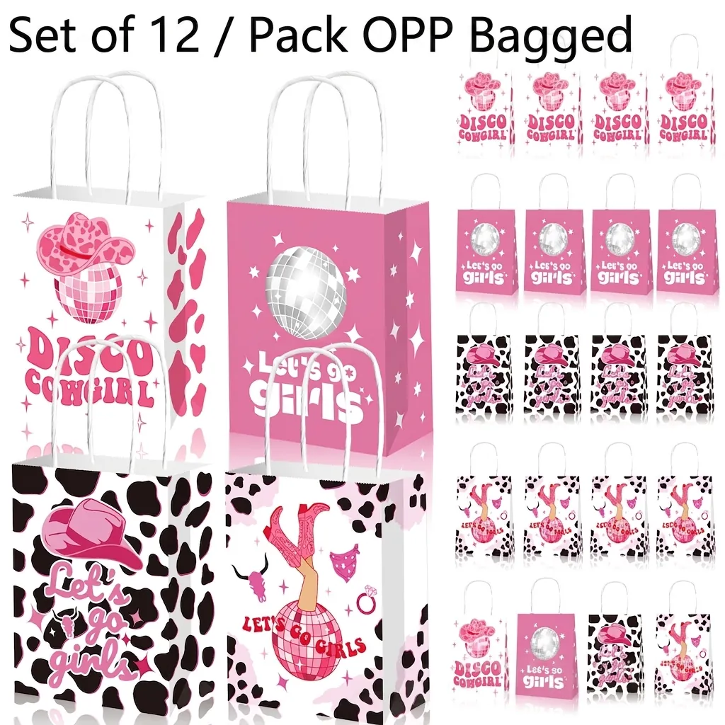 Disco Cowgirl Party Gift Bags Pink Cow Print Kraft Paper Treat Bags With Handles For Birthday Western Party Favors