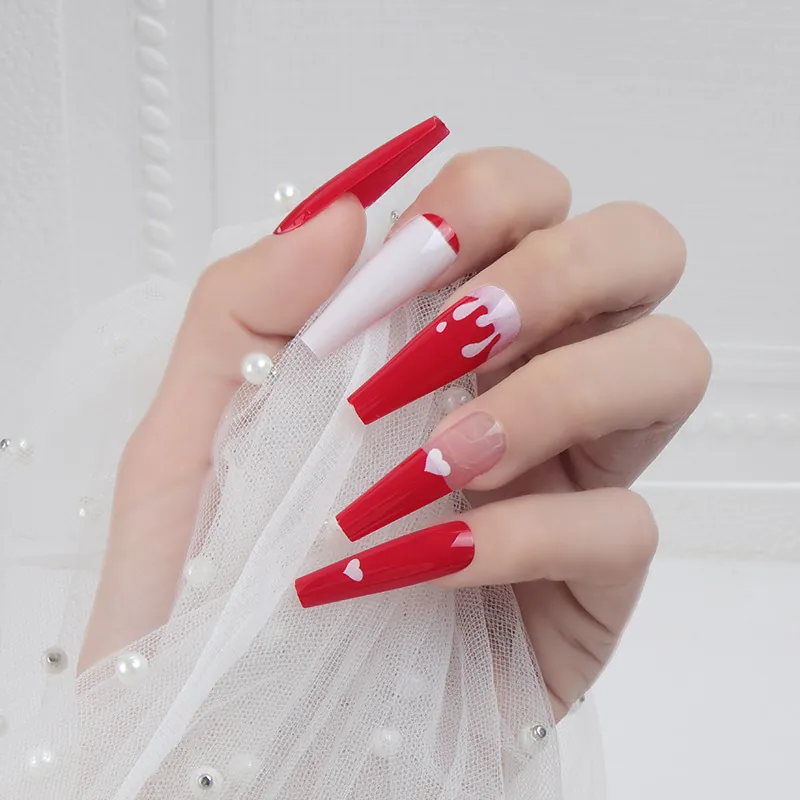 Red And White Glossy Press On Nails Long Coffin Shape Heart Pattern For Women Artificial Fingernails