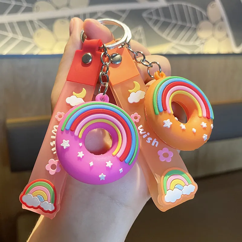Porte-Clés Donut Arc-En-Ciel Dessin Animé Mignon Pendentif Étoile En Silicone PVC Avec Dragonne Semi-Transparente