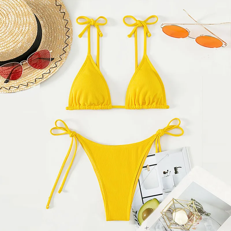 Ribbed Halter Bikini Top And Side Tie Bottoms Swimsuit Solid Color Beachwear Sexy For Women