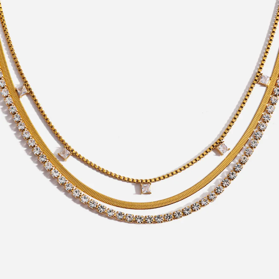 Collier à 3 Couches en Acier Inoxydable Plaqué Or 18K pour Femme Pendentif Zirconia Carré Chaîne Serpent Tennis Bijoux