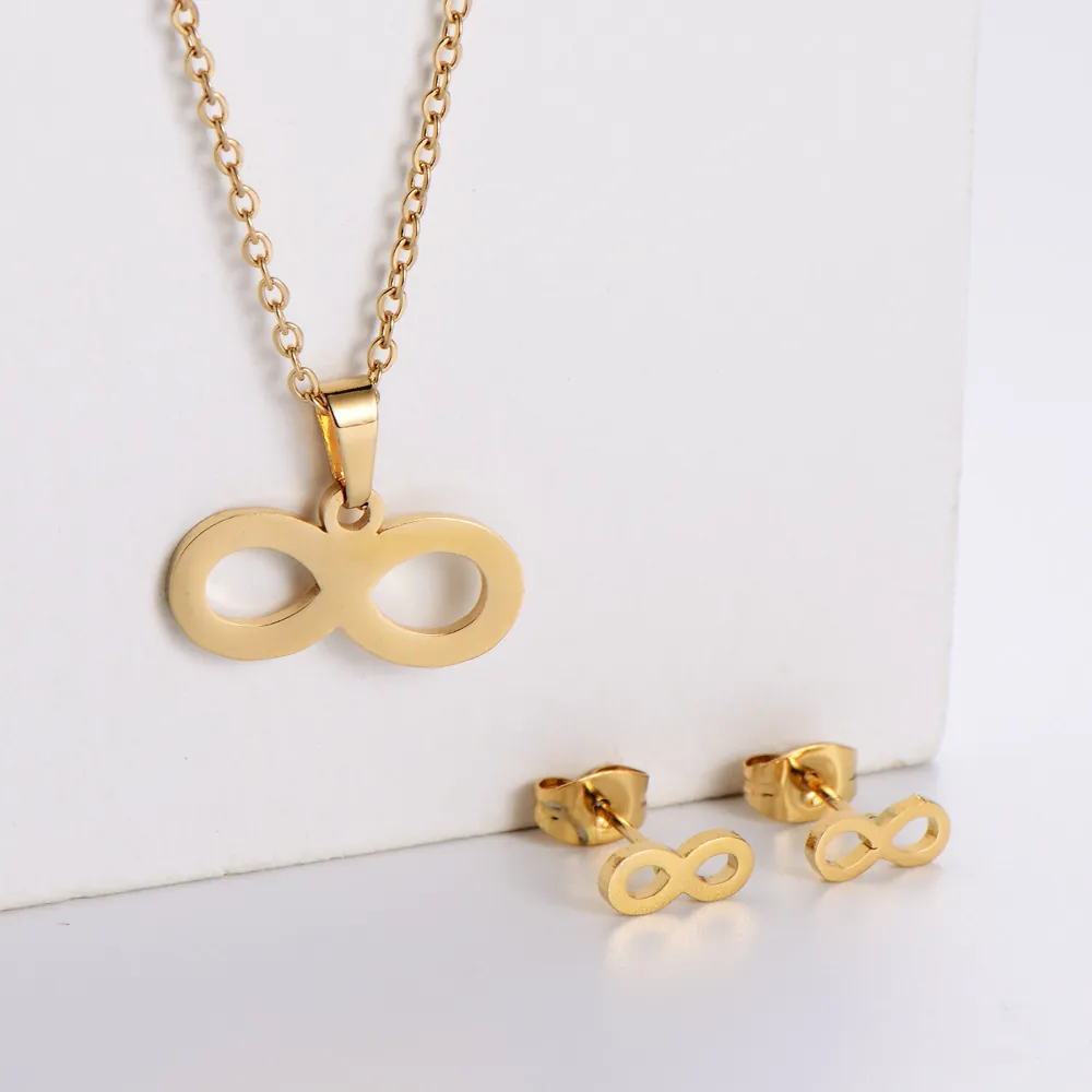 Minimalist 316L Stainless Steel Infinity Symbol Jewelry Set For Women 18K Gold Plated Pendant Necklace And Stud Earrings