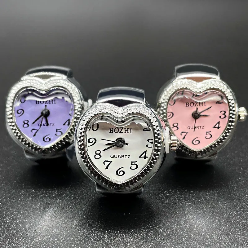 Heart Shaped Ring Watch For Women Alloy Quartz Finger Watch With Elastic Band Rhinestone Creative Jewelry Gift