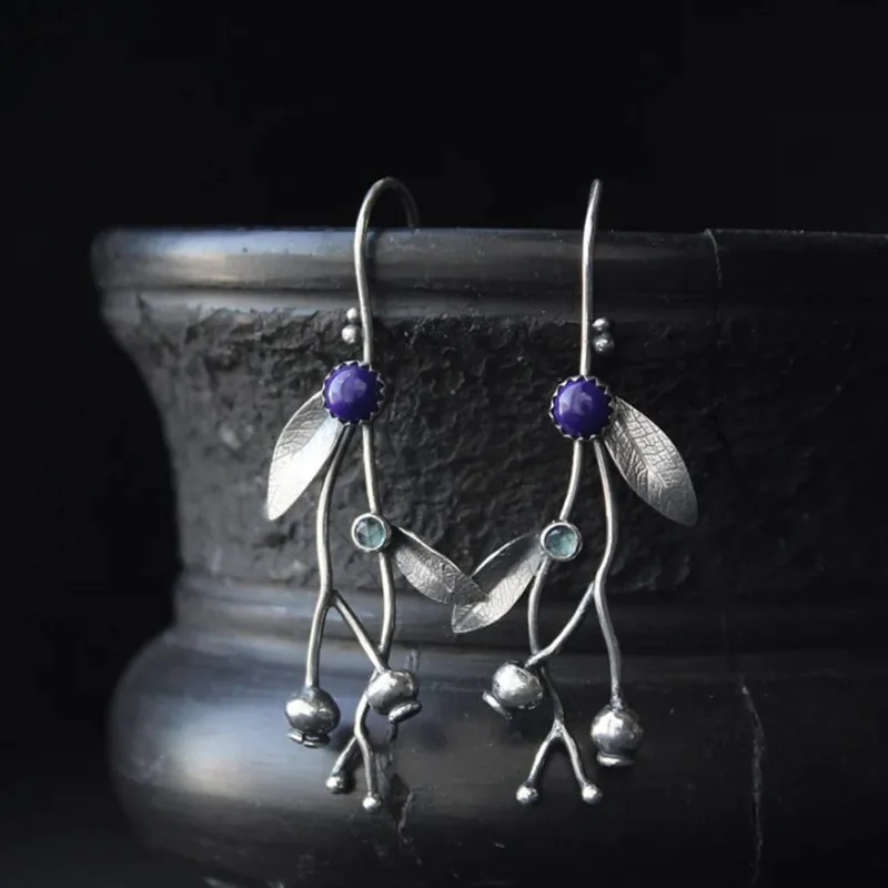 Vintage Alloy Branch Leaf Vine Drop Earrings Natural Plant Inlaid Lapis Lazuli Retro Handmade Style Jewelry For Women