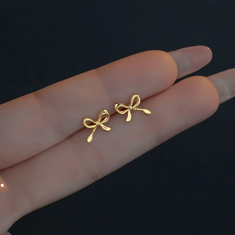 Minimalist Bowknot Stud Earrings For Women Plated Copper Jewelry Elegant Korean Style Tiny Simple Daily Accessory Gift