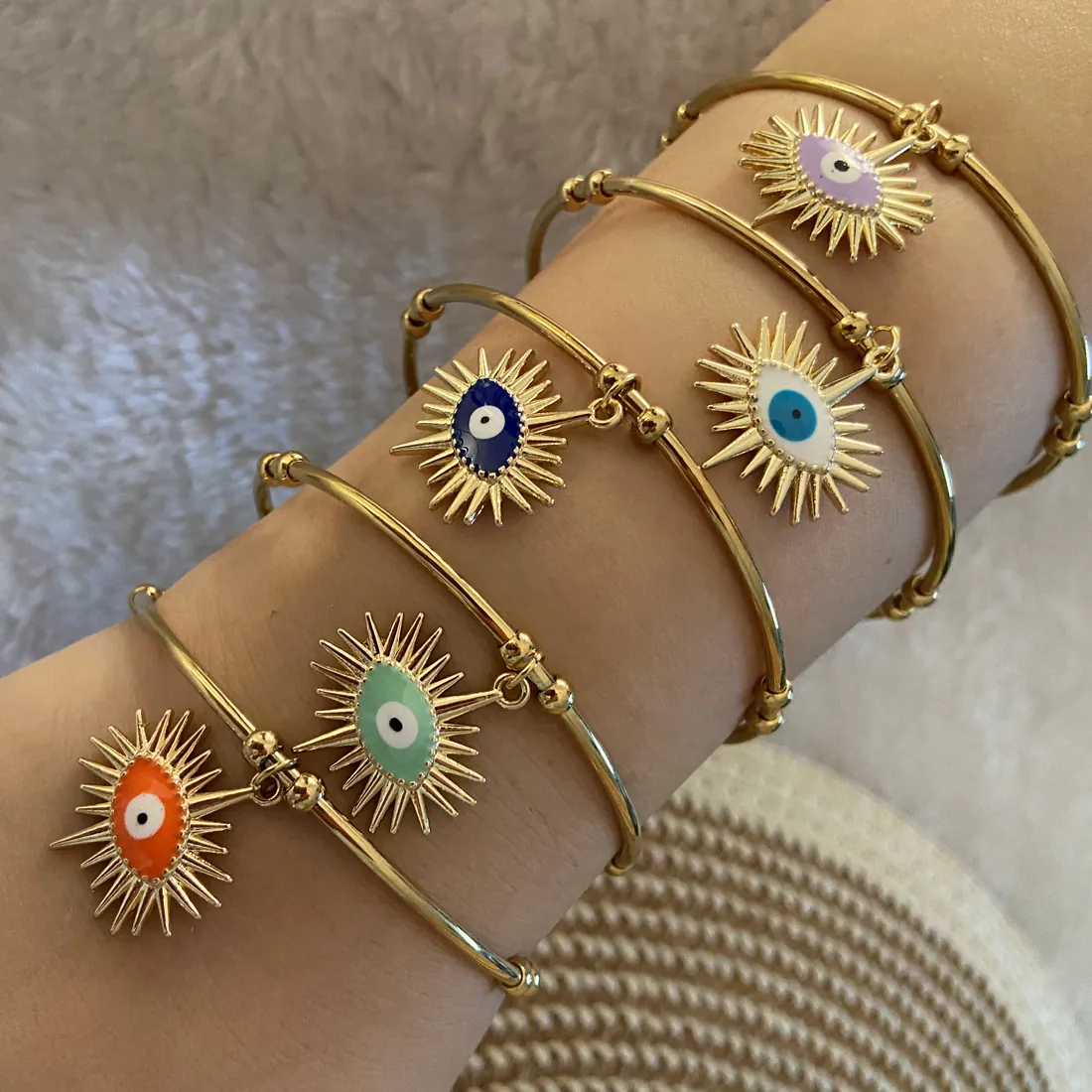 Evil Eye Charm Open Cuff Bangle Stainless Steel Enamel Sunburst Dangle Bracelet For Women Boho Jewelry Adjustable