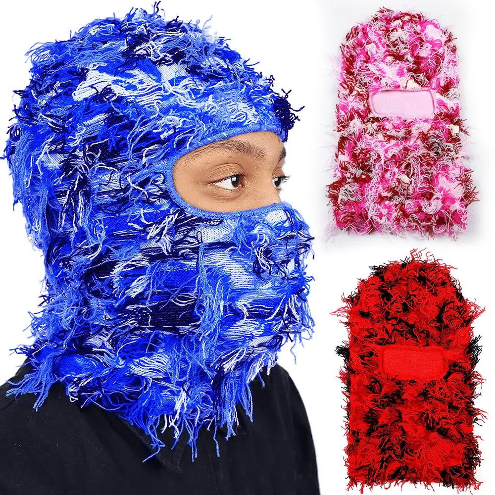 Distressed Knitted Balaclava Hat Fuzzy Fringe Full Face Mask Warm Winter Outdoor Skiing Punk Streetwear For Men Women