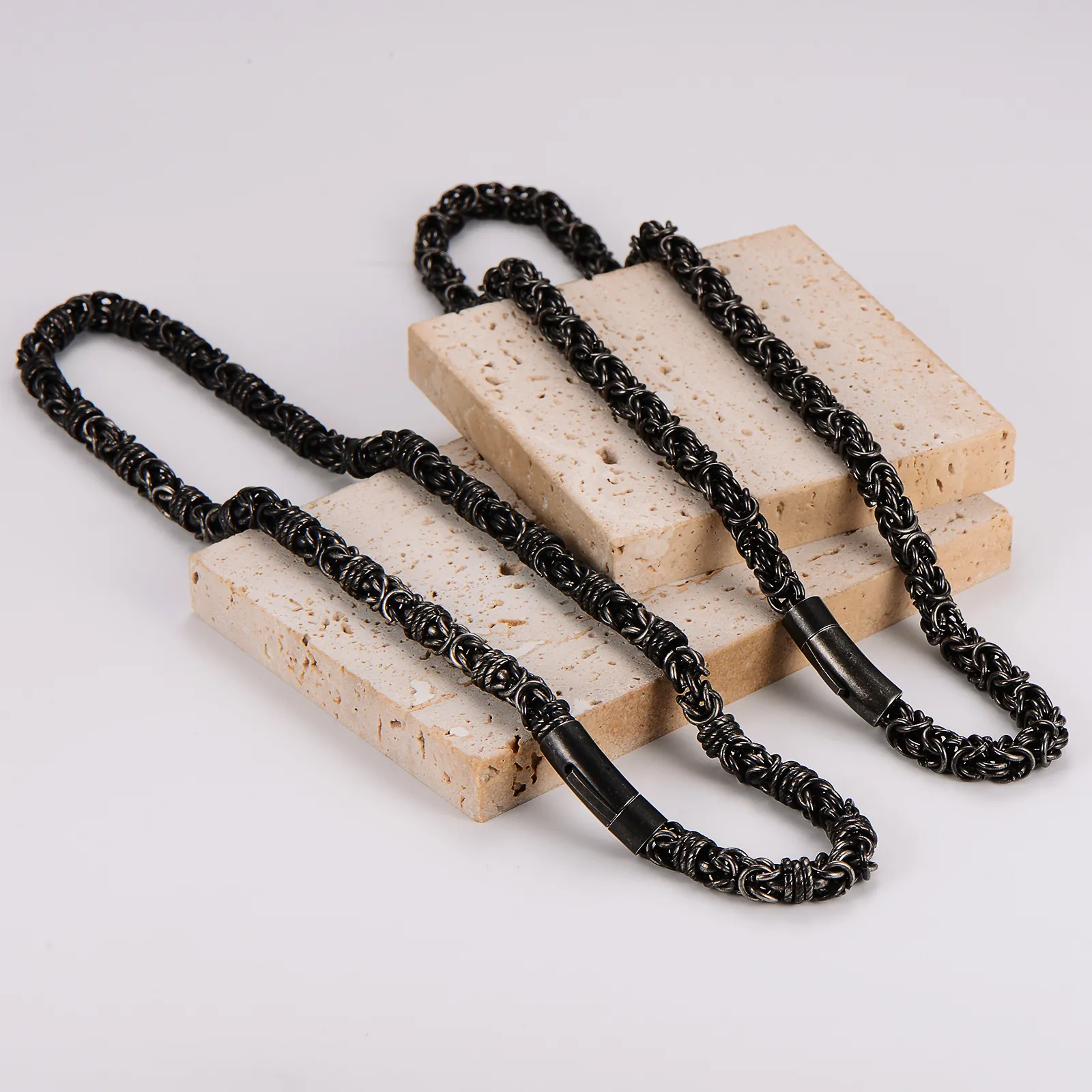 Men Stainless Steel Braided Chain Necklace Punk Hip Hop Woven Byzantine Style With Cylindrical Clasp