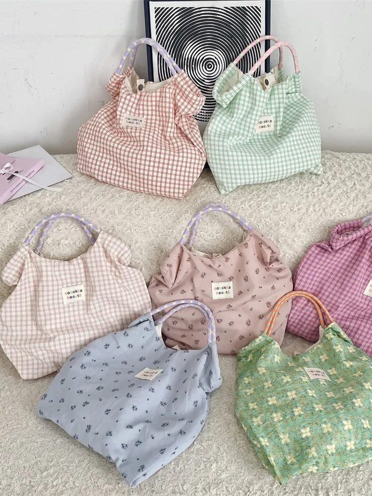 Grand Sac Fourre-Tout À Carreaux Et Fleurs Polyester Sac À Main Épaule Avec Poignée En Corde Tressée Fermeture À Bouton