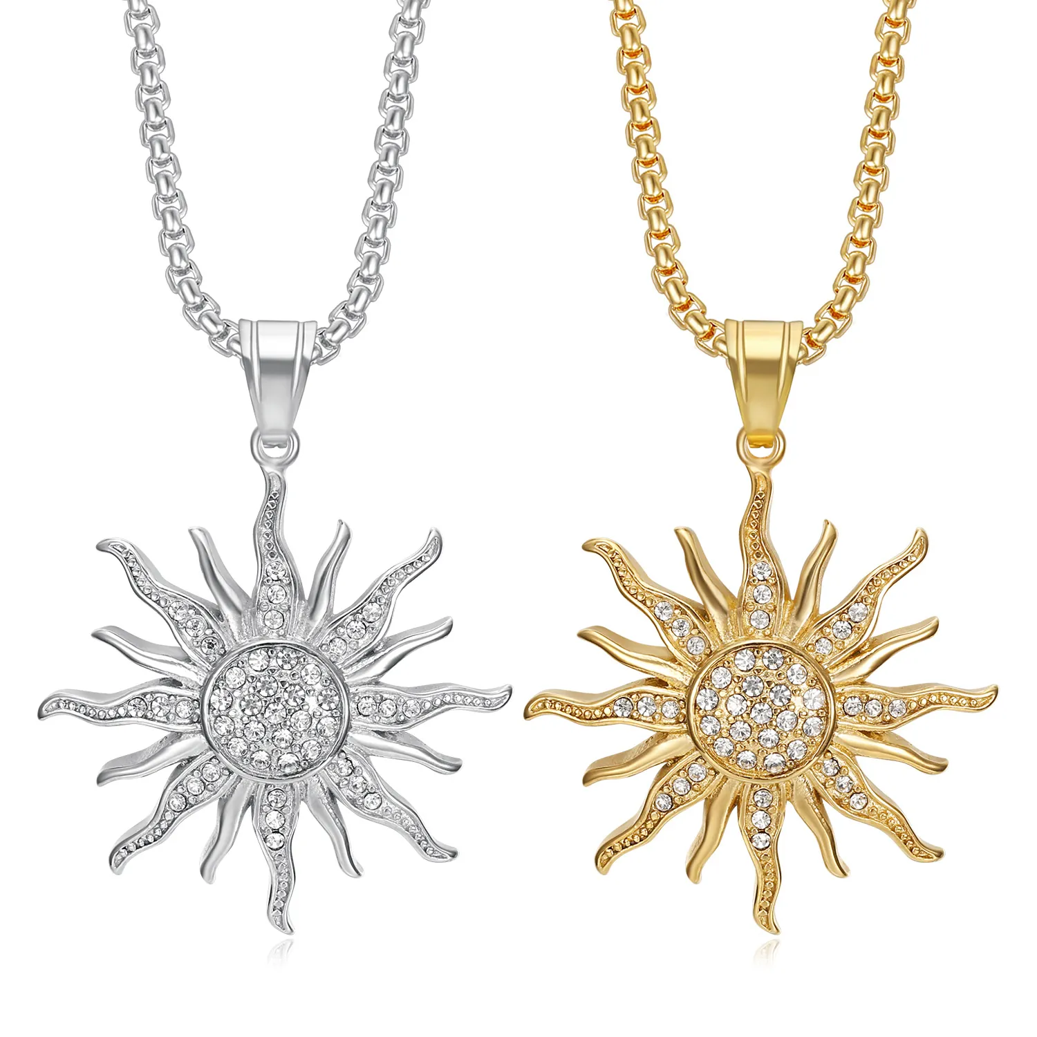 Sun Flower Pendant Necklace Stainless Steel Rhinestone Hip Hop Iced Out Trendy Fashion Jewelry For Men Women