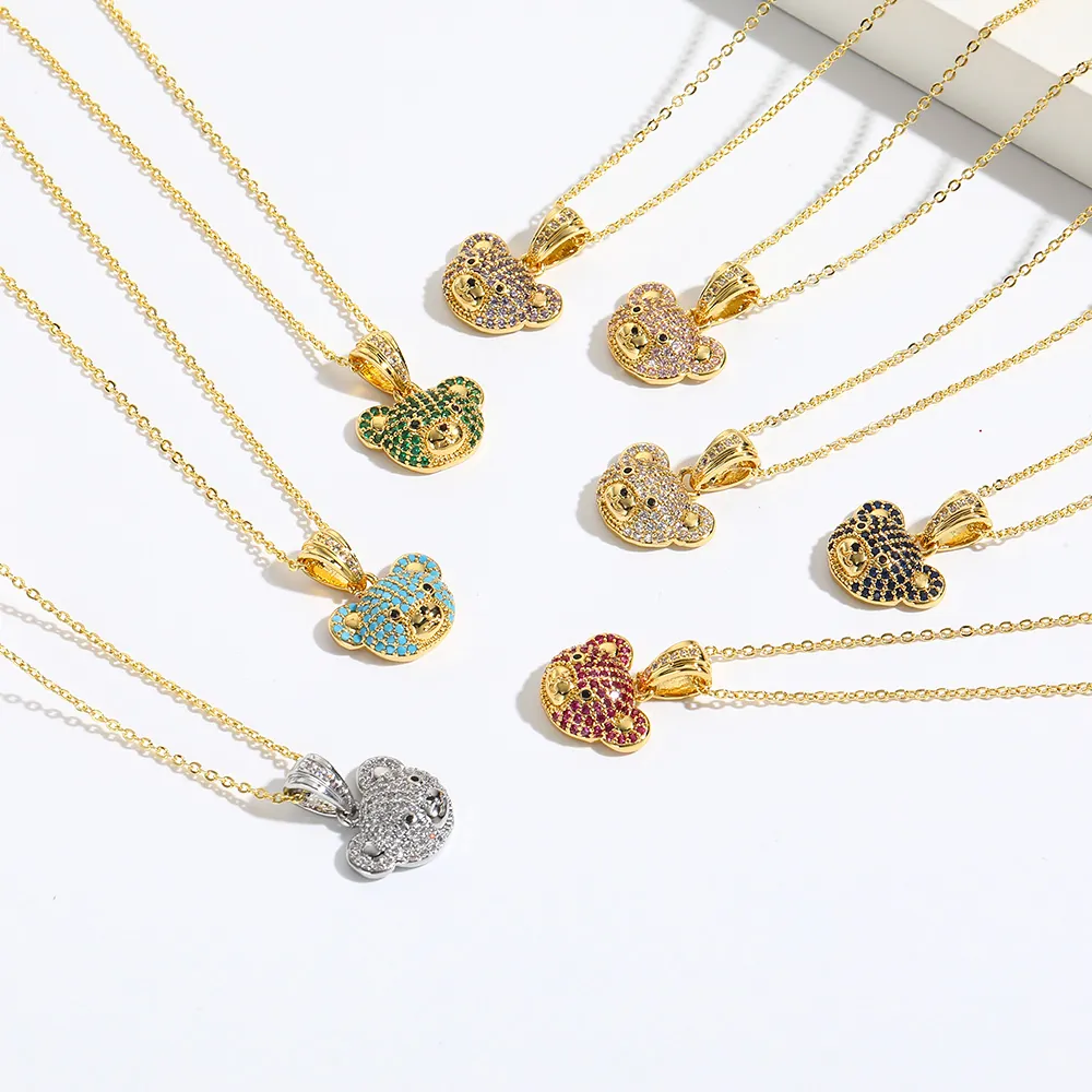 Teddy Bear Head Pendant Necklace Copper Colorful Zircon Pave Iced Out Hip Hop Style Fashion Jewelry For Women