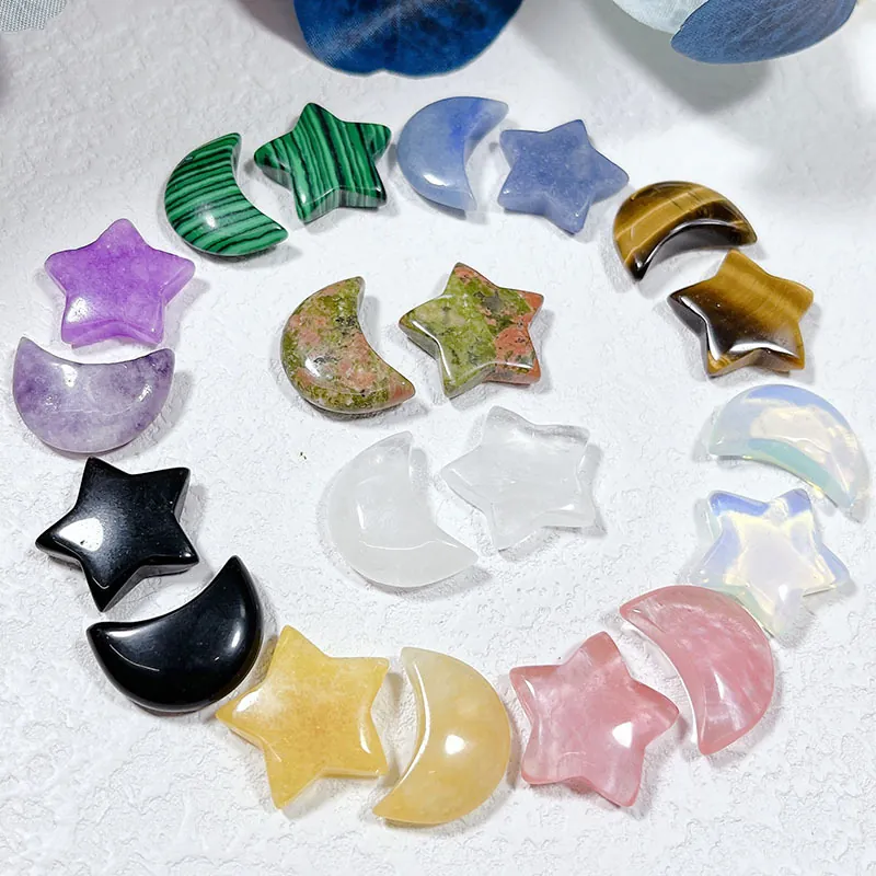 Natural Crystal Stone Star Moon Carved Gemstones Polished Healing Stones For DIY Jewelry Making Home Decor Accessories
