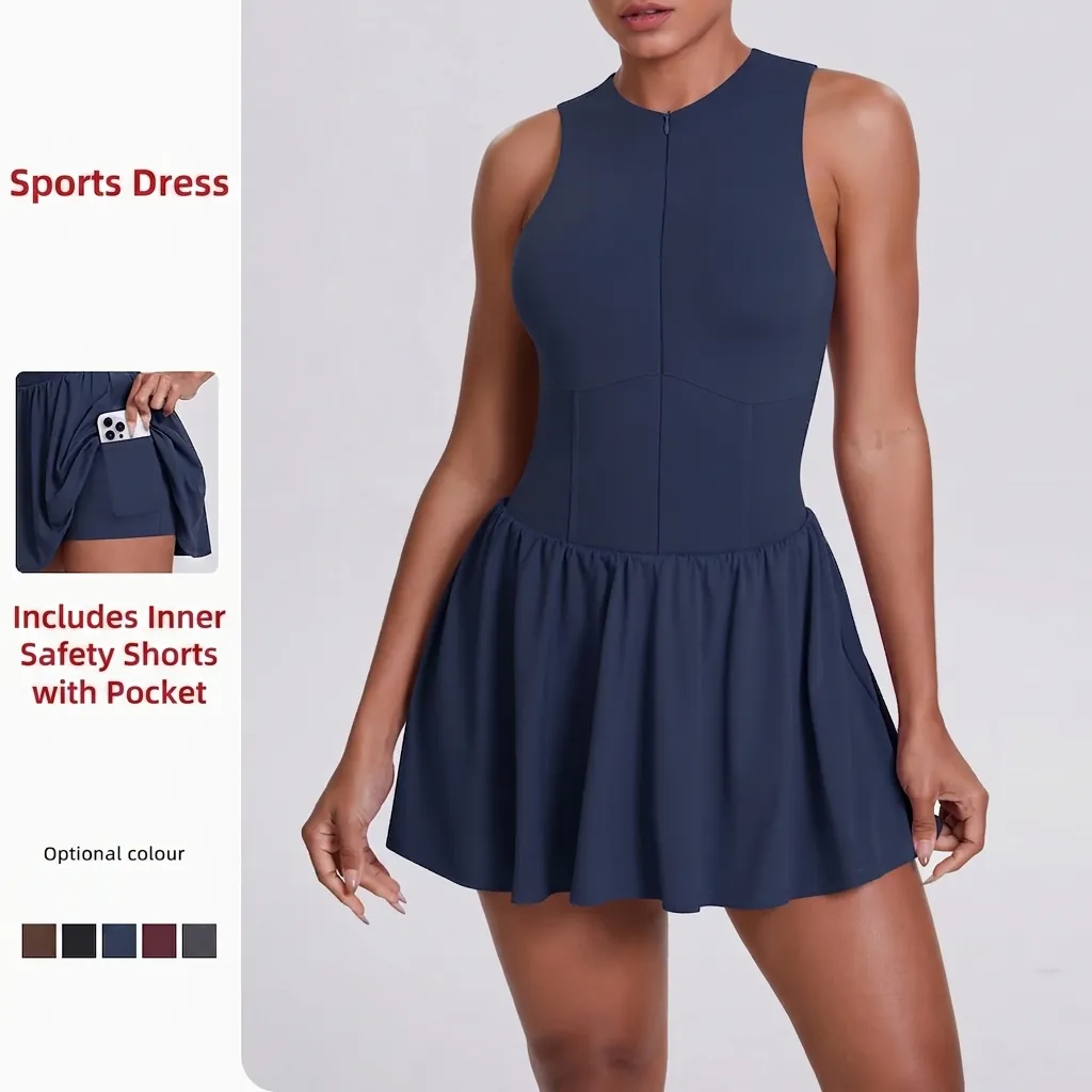 Vestito Sportivo da Tennis Donna Collo Alto con Cerniera Senza Maniche Pieghe Jumpsuit con Tasca Integrata Leggings Top And Bottom