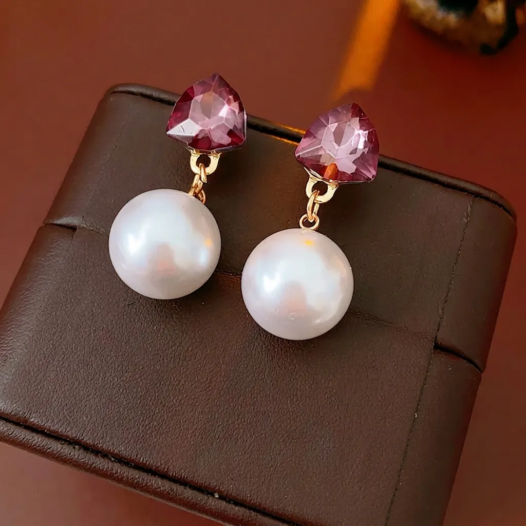 Boucles D'Oreilles Pendantes En Cristal Triangle Et Künstliche Perle Fantaisie Avec Tige En Argent 925 Bijoux De Luxe Vintage Français