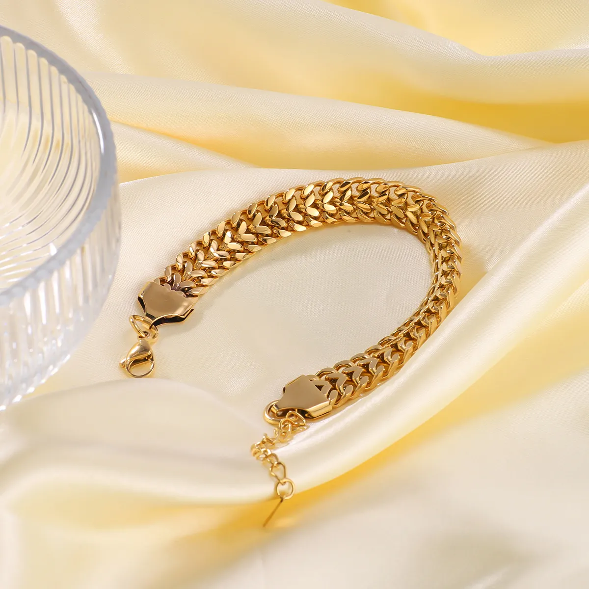 Bracelet En Acier Inoxydable Plaqué Or 18K Maille Gourmette Tissée Arête De Poisson Rétro Réglable Bijoux Pour Femme