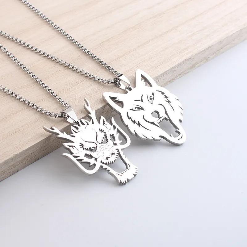 Men Stainless Steel Dragon Wolf Head Pendant Necklace Hollow Totem Hip Hop Zodiac Jewelry Streetwear Polished