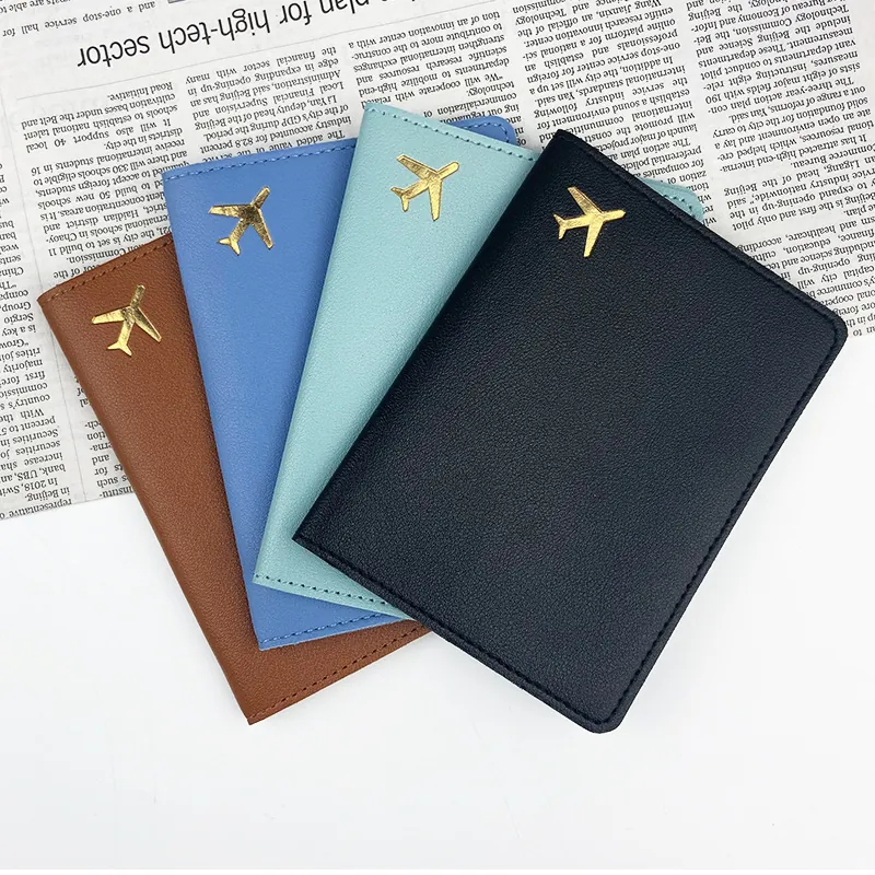 Passport Holder PU Leather Airplane Pattern Gold Logo Travel Case Business ID Window Card Wallet For Men Women