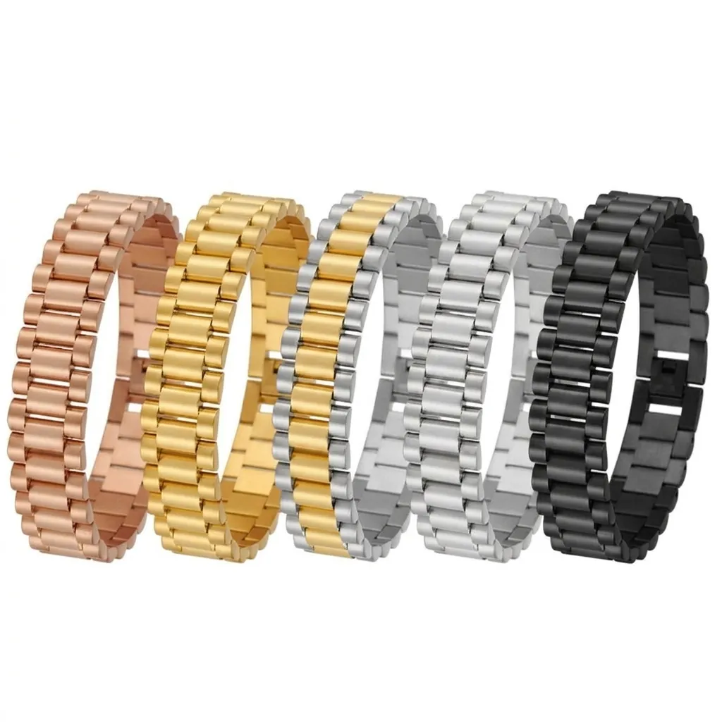 Men Stainless Steel Bracelet Watch Band Style Presidential Link Chain Polished Finish Fold Over Clasp Simple Fashion
