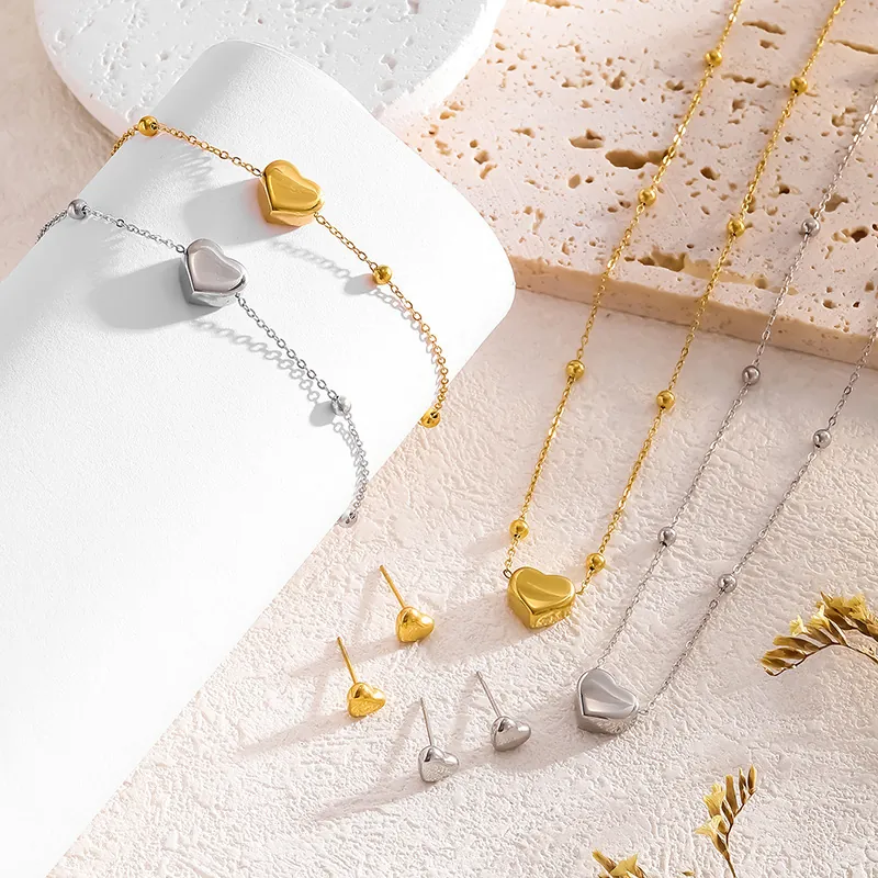 Minimalist Titanium Steel Heart Pendant Necklace Bracelet Anklet Earrings For Women Gold Silver Plated Elegant Fashion Jewelry