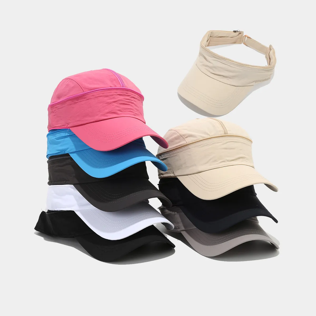 Detachable Zipper Top Baseball Cap Quick Dry Polyester Breathable Dual Use Sun Visor Hat Outdoor Sport Adjustable Plain Color