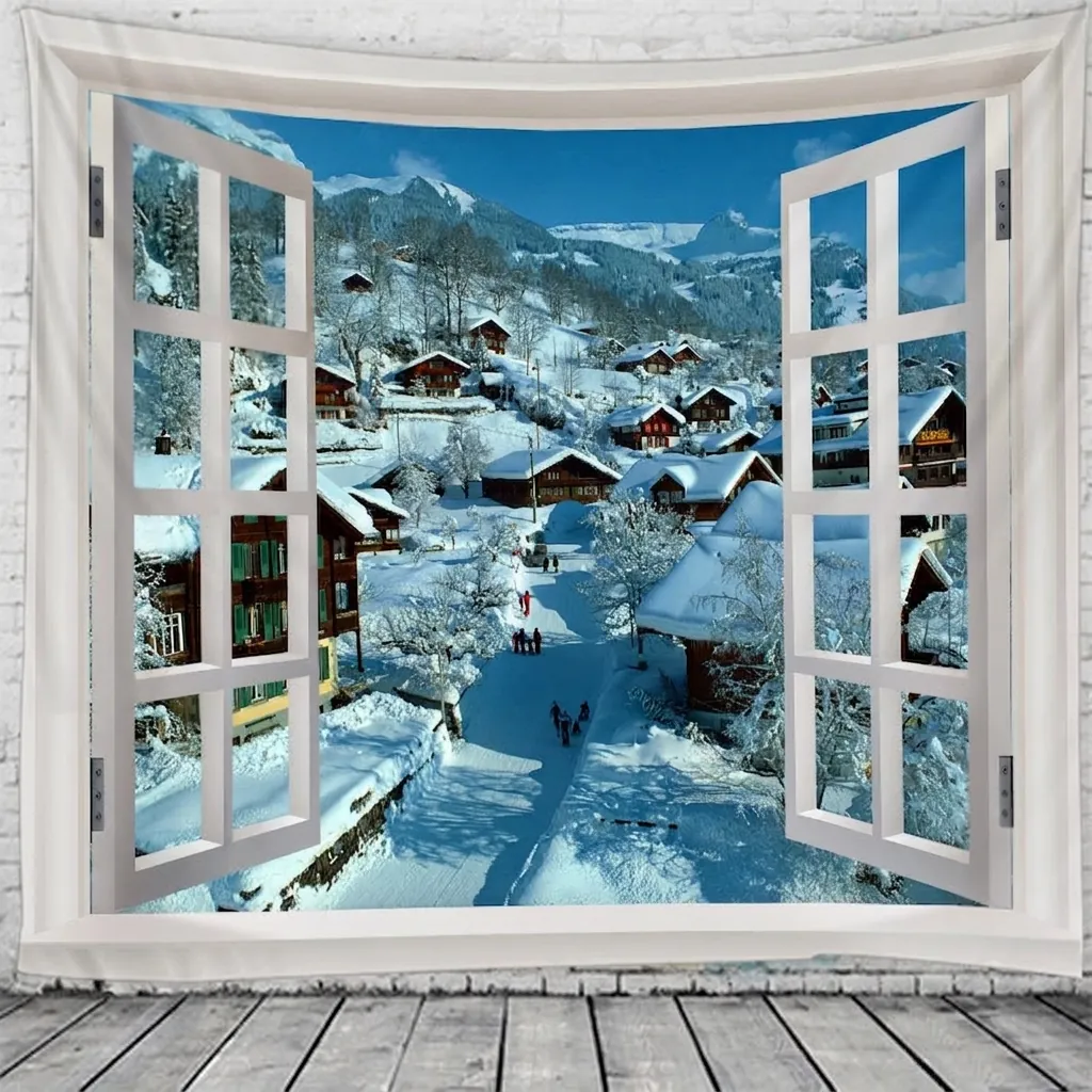 Tapestry Wall Hanging Polyester 3D Window View Landscape Scenery Room Decor Aesthetic Home Art