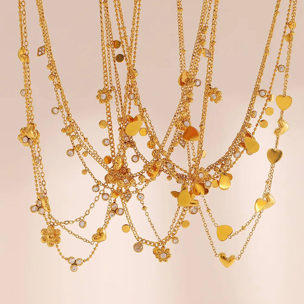 Stainless Steel Necklace 18K Gold Plated Zirconia Heart Flower Butterfly Water Drop Pendant Adjustable Chain For Women