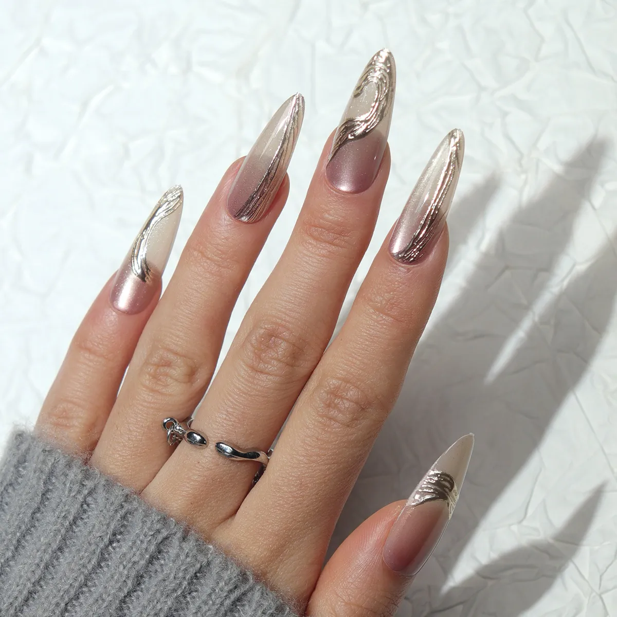 French Pink Gradient Silver Metallic 3D Liquid Metal Cat Eye Long Almond Press On Nails For Women Luxury Manicure Jewelry