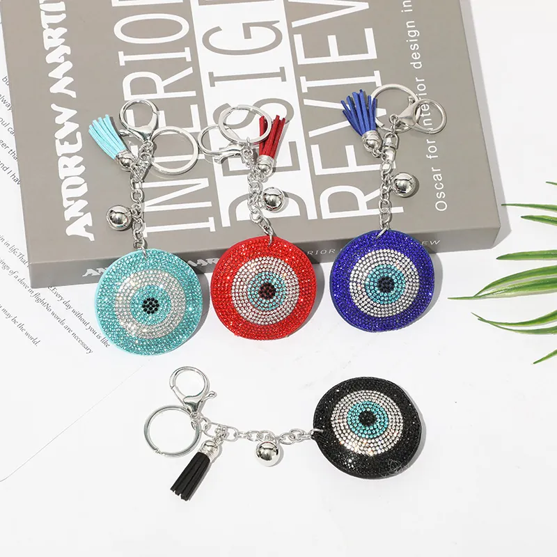 Evil Eye Keychain Rhinestone Tassel Charm Pendant Alloy Bell Key Ring For Bag Purse Decoration Accessories