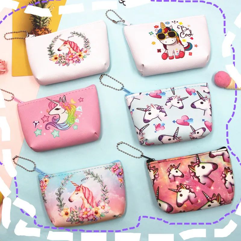 Cartoon Unicorn Coin Purse PU Leather Mini Zipper Storage Pouch Key Holder Portable Wallet For Kids Women