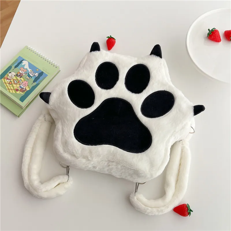 Cute Cat Paw Plush Backpack And Crossbody Bag For Women Girls Soft Faux Rabbit Fur Kawaii Cartoon Large Shoulder Bag