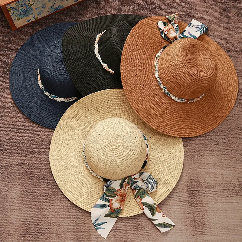 Chapeau De Soleil En Paille À Bord Large Pour Femmes Tissé Respirant Casquette De Plage Vacances Avec Noeud Ruban Floral