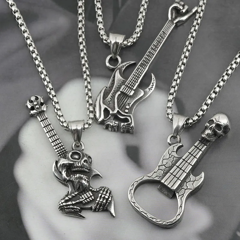 Guitar Skull Pendant Necklace Titanium Steel Bottle Opener Rock Punk Hip Hop Gothic Jewelry For Men Women Cool Gift