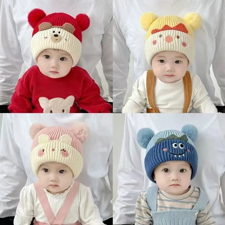 Baby Beanie Hat Knitted Wool Winter Warm Ear Protection Cartoon Animal Toddler Infant Boys Girls Cute Pom Poms
