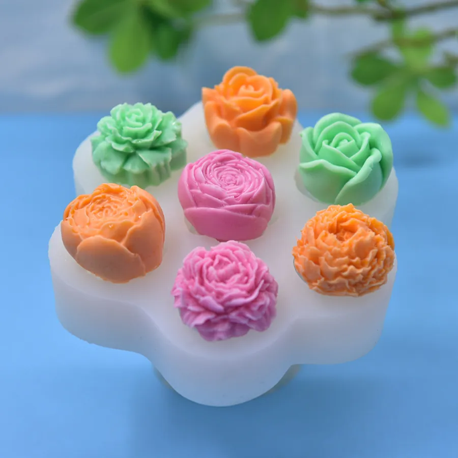 7 Cavity Flower Silicone Mold Rose Peony Shape For Fondant Cake Baking Soap Candle Making 3D Floral DIY Tools