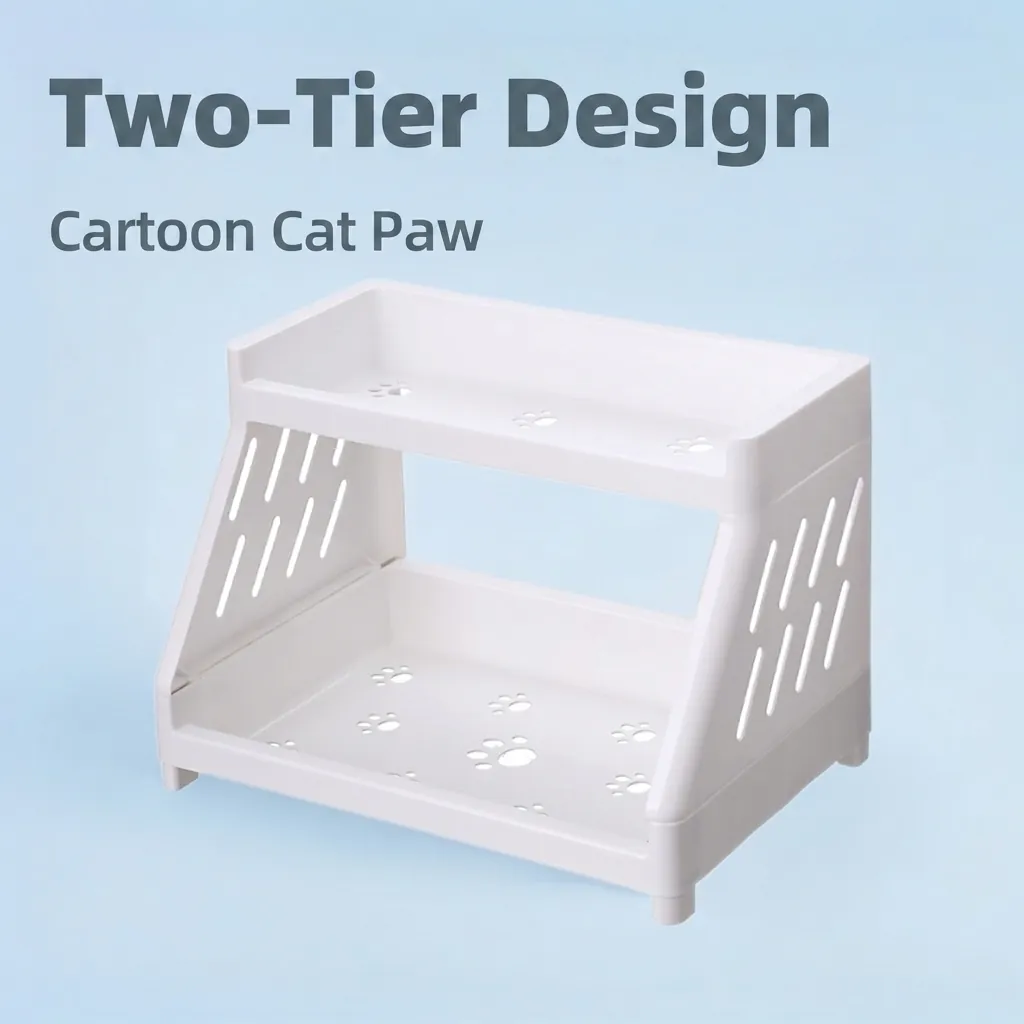 Tiered Storage Rack Plastic Hollow Cat Paw Desktop Shelf For Cosmetics Makeup Stationery Kitchen Organization White