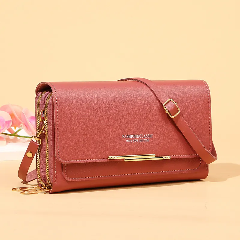 Women Crossbody Phone Bag Long Wallet PU Leather Multi Zipper Adjustable Strap Elegant Casual Handbag Lady