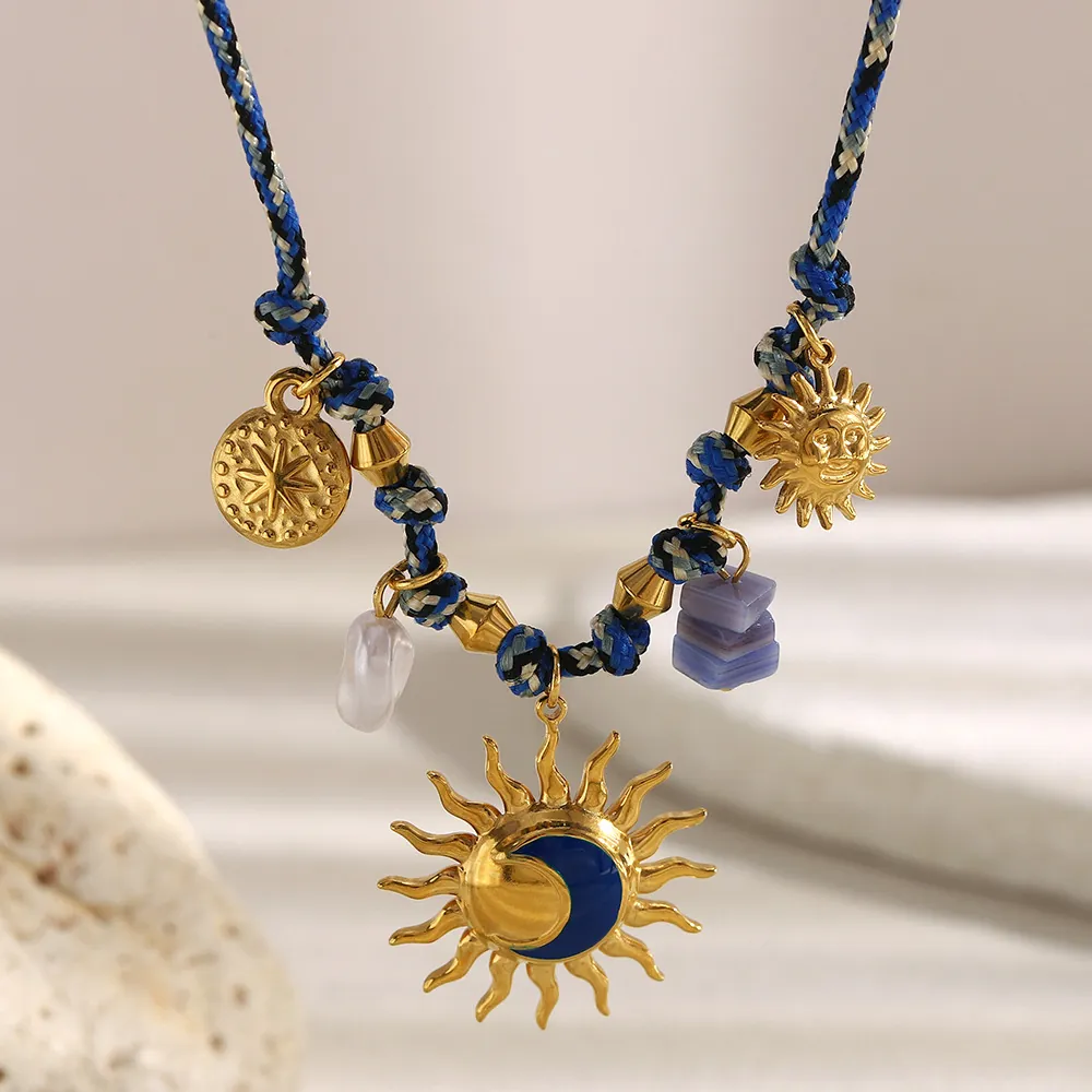 Sun Moon Star Enamel Pendant Necklace 18K Gold Plated Stainless Steel Woven Rope Chain Artificial Pearl Blue Bead Bohemian Women