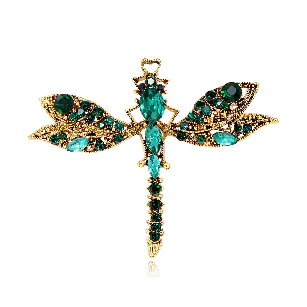 Vintage Dragonfly Brooch Pin Alloy Rhinestone Crystal Antique Gold Insect Jewelry Unisex Clothing Jewelry Gift Accessory